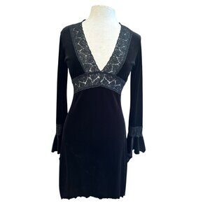 Vintage G-dresses Black Velvet Lace Trim Mini Dress | Gothic Boho Flare Sleeve |